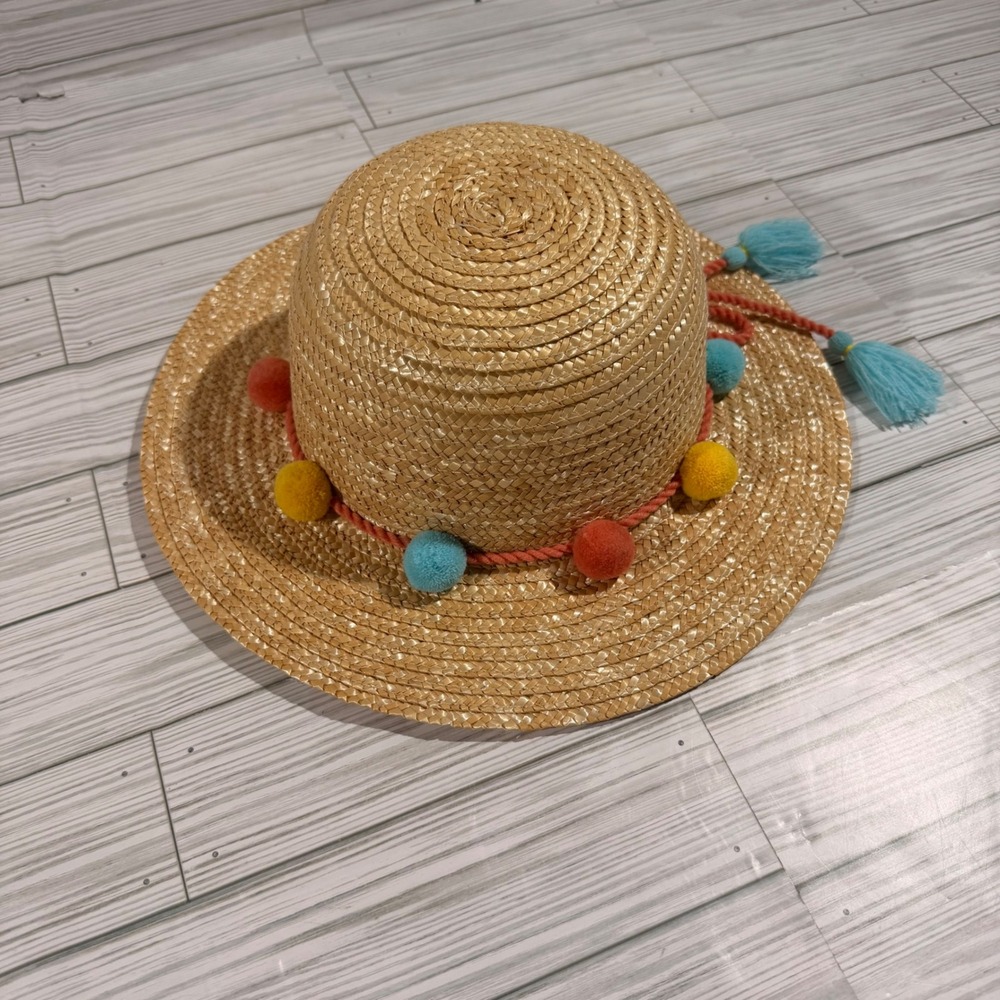 Matilda Jane Girls Straw Sun Hat Pom Pom Tassel Tan L/XL